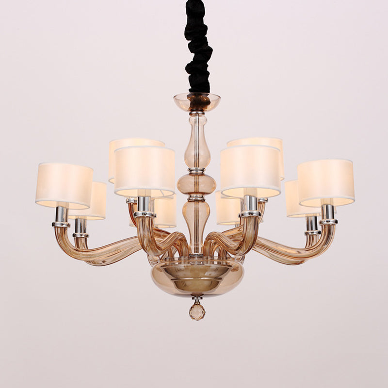 Traditionary Spuntik Chandelier Light 6/8/12 Heads Amber Glass Pendant Lamp Fixture with White Fabric Drum Shade
