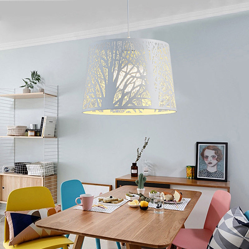 Simple Drum Suspension Pendant Metal 1 Light Dining Room Hanging Lamp Kit in White