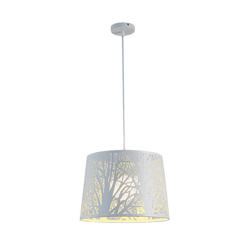 Simple Drum Suspension Pendant Metal 1 Light Dining Room Hanging Lamp Kit in White