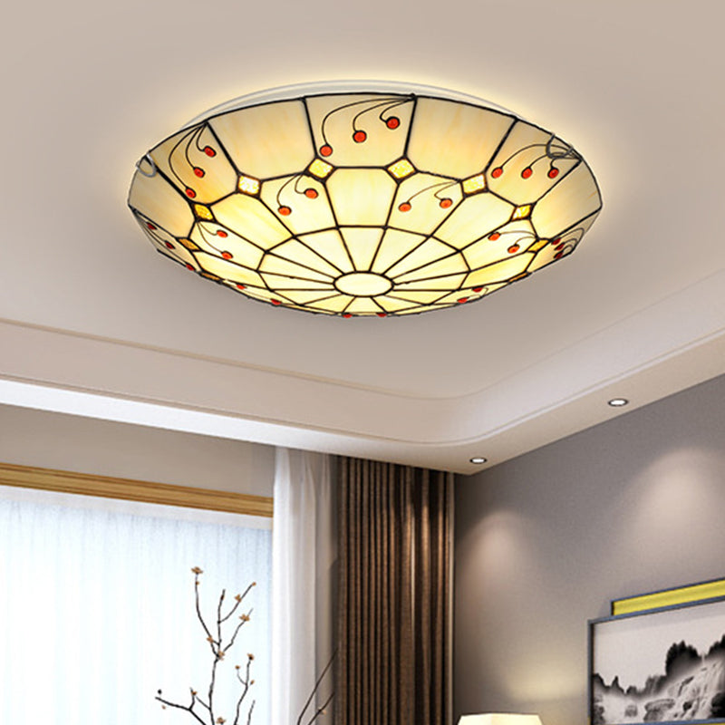 Tiffany Bowl Flush Light Fixture 12"/16"/20.5" Wide LED Stained Glass Ceiling Mounted Lighting in Beige for Living Room, Warm/White Light