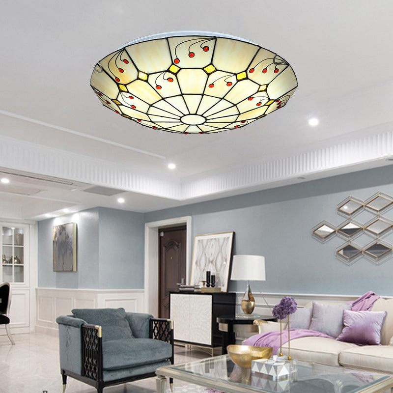 Tiffany Bowl Flush Light Fixture 12"/16"/20.5" Wide LED Stained Glass Ceiling Mounted Lighting in Beige for Living Room, Warm/White Light