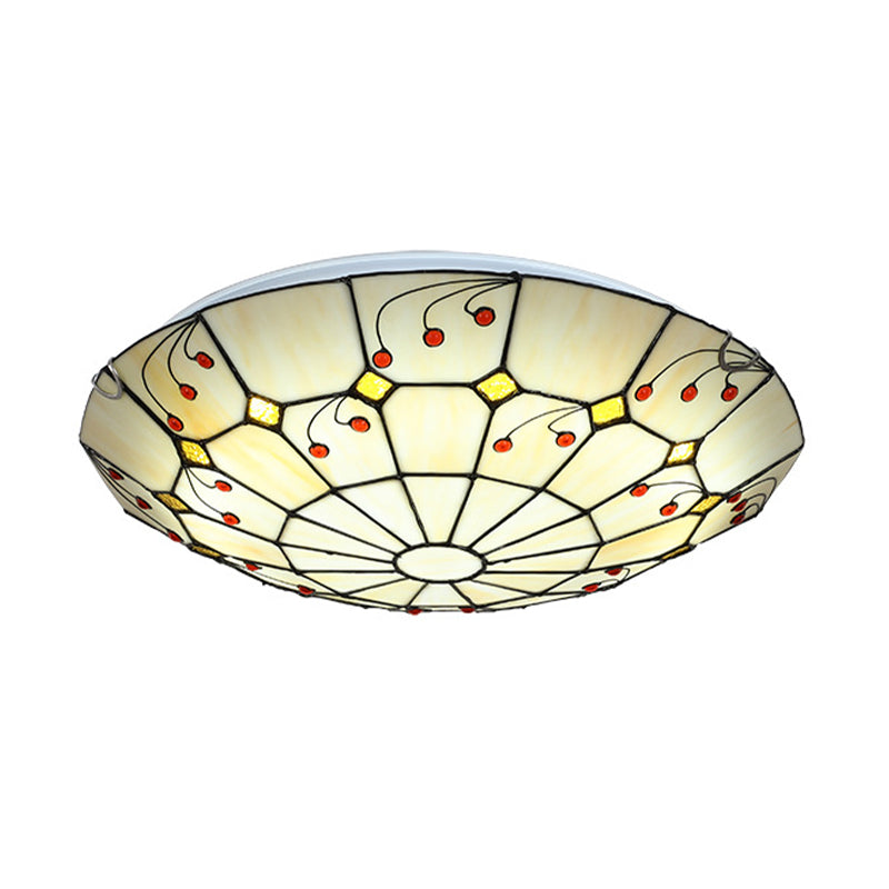 Tiffany Bowl Flush Light Fixture 12"/16"/20.5" Wide LED Stained Glass Ceiling Mounted Lighting in Beige for Living Room, Warm/White Light