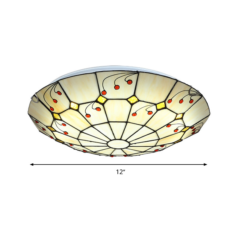 Tiffany Bowl Flush Light Fixture 12"/16"/20.5" Wide LED Stained Glass Ceiling Mounted Lighting in Beige for Living Room, Warm/White Light