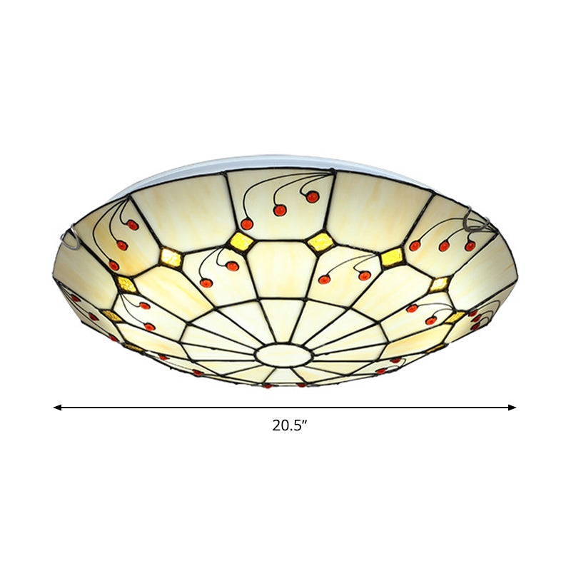 Tiffany Bowl Flush Light Fixture 12"/16"/20.5" Wide LED Stained Glass Ceiling Mounted Lighting in Beige for Living Room, Warm/White Light