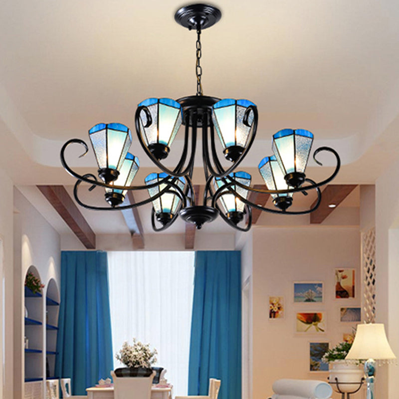 Black 3/6/8 Lights Ceiling Chandelier Baroque Blue Frosted Glass Cone Ceiling Pendant Light, 18"/27.5"/32.5" W