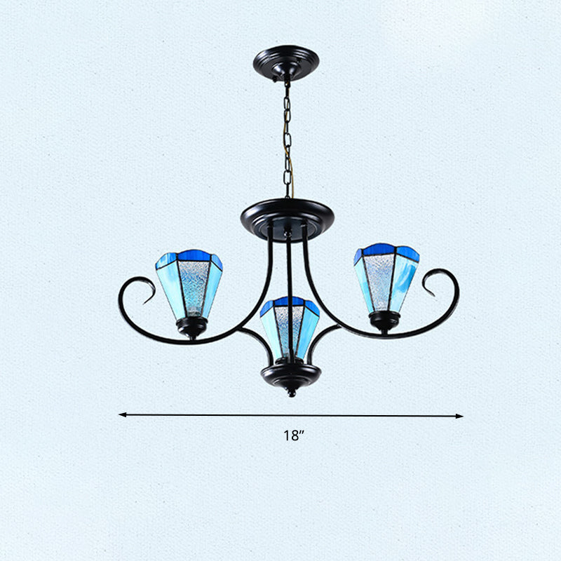 Black 3/6/8 Lights Ceiling Chandelier Baroque Blue Frosted Glass Cone Ceiling Pendant Light, 18"/27.5"/32.5" W