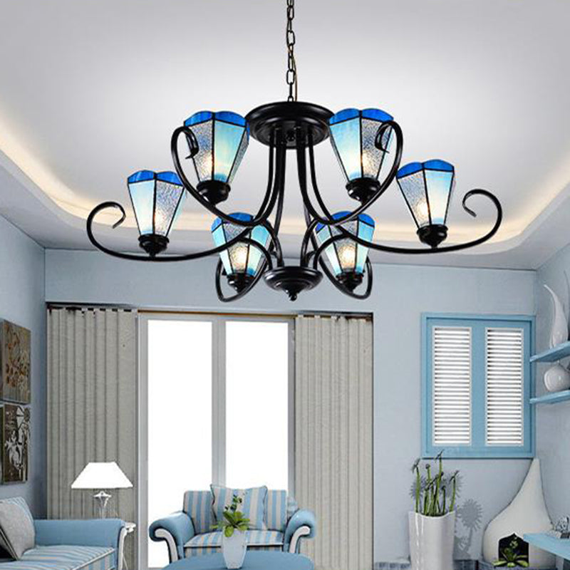 Black 3/6/8 Lights Ceiling Chandelier Baroque Blue Frosted Glass Cone Ceiling Pendant Light, 18"/27.5"/32.5" W