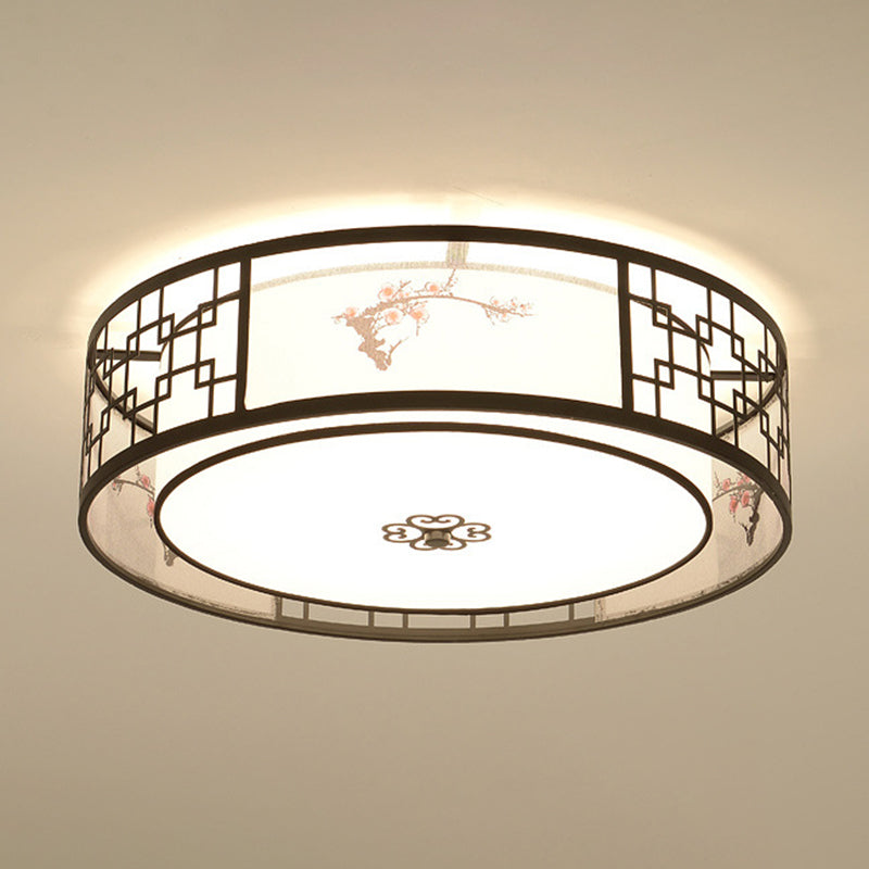 Brown Geometric Flush Mount in Traditional Artistic Style Wrought Iron Ceiling Light with Fabric Shade