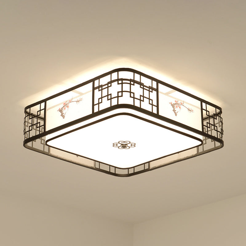 Brown Geometric Flush Mount in Traditional Artistic Style Wrought Iron Ceiling Light with Fabric Shade