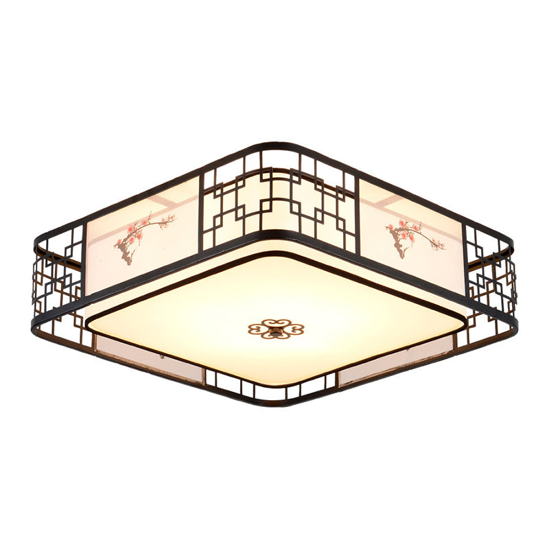 Brown Geometric Flush Mount in Traditional Artistic Style Wrought Iron Ceiling Light with Fabric Shade