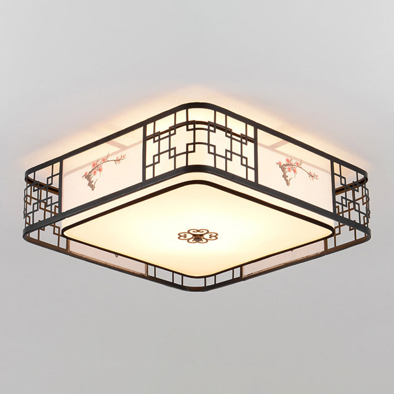 Brown Geometric Flush Mount in Traditional Artistic Style Wrought Iron Ceiling Light with Fabric Shade