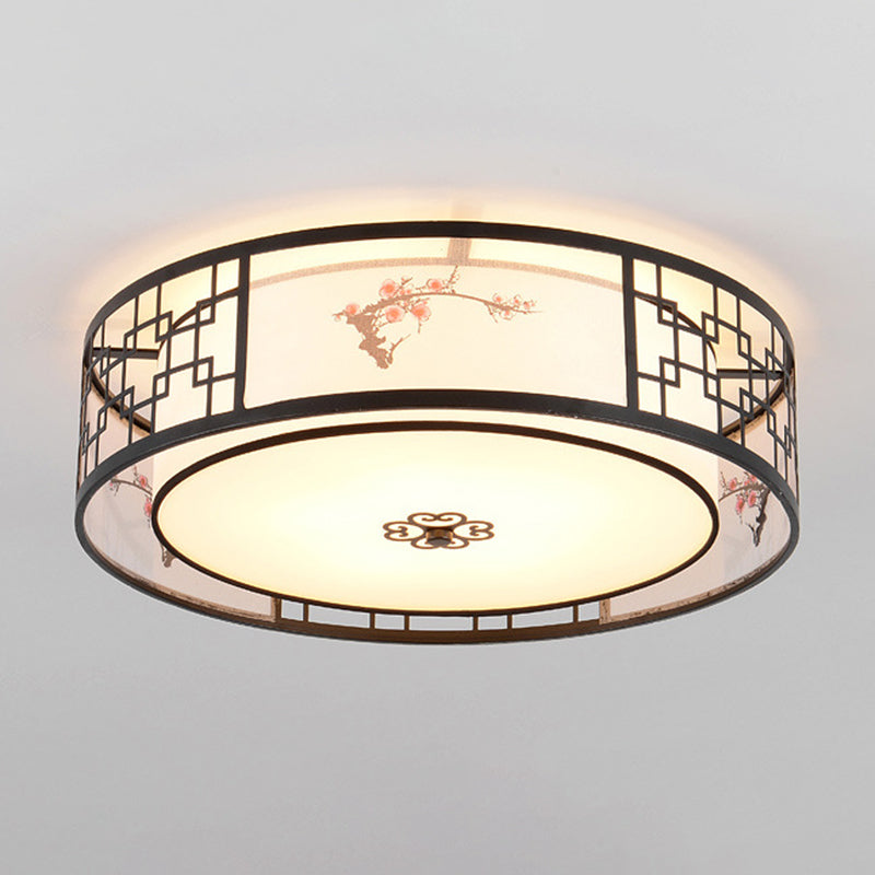 Brown Geometric Flush Mount in Traditional Artistic Style Wrought Iron Ceiling Light with Fabric Shade