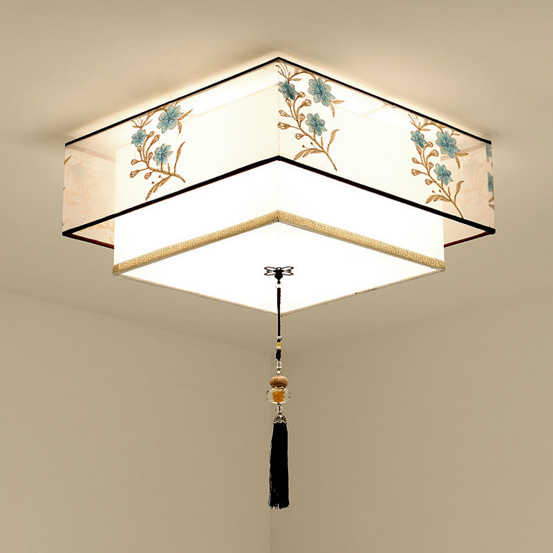 Wrought Iron White Ceiling Light in Traditional Unique Style Geometric Indoor Flush Mount with Embroidered Fabric Shade