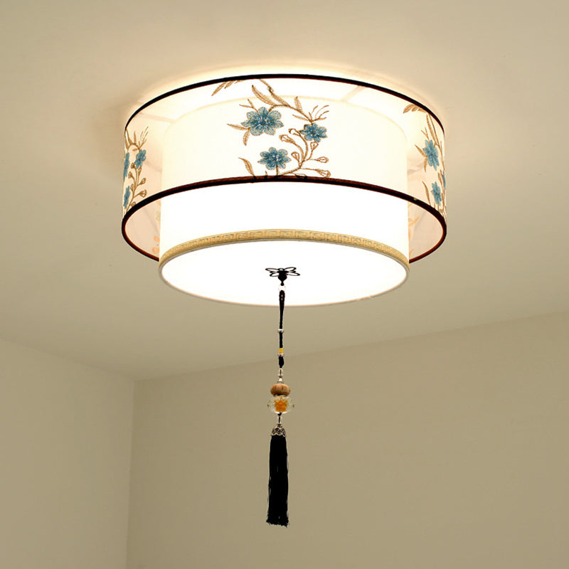 Wrought Iron White Ceiling Light in Traditional Unique Style Geometric Indoor Flush Mount with Embroidered Fabric Shade