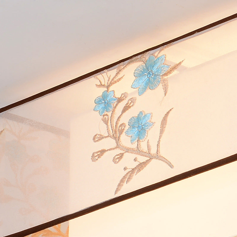 Wrought Iron White Ceiling Light in Traditional Unique Style Geometric Indoor Flush Mount with Embroidered Fabric Shade