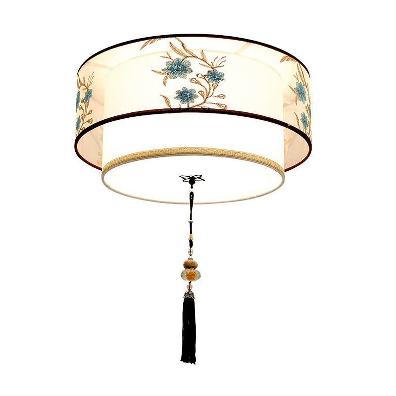 Wrought Iron White Ceiling Light in Traditional Unique Style Geometric Indoor Flush Mount with Embroidered Fabric Shade
