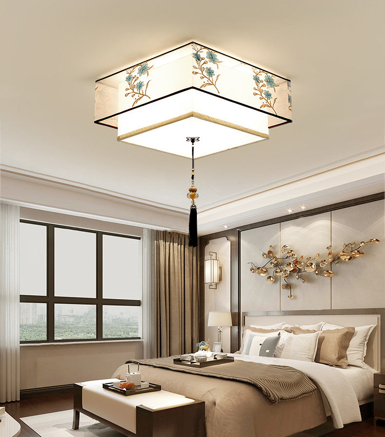 Wrought Iron White Ceiling Light in Traditional Unique Style Geometric Indoor Flush Mount with Embroidered Fabric Shade
