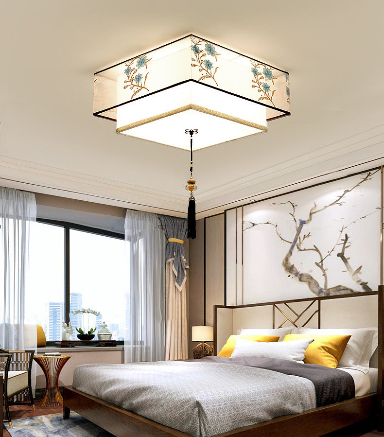 Wrought Iron White Ceiling Light in Traditional Unique Style Geometric Indoor Flush Mount with Embroidered Fabric Shade