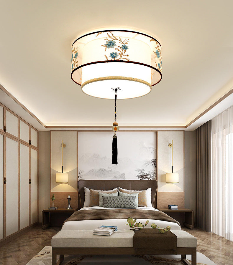 Wrought Iron White Ceiling Light in Traditional Unique Style Geometric Indoor Flush Mount with Embroidered Fabric Shade