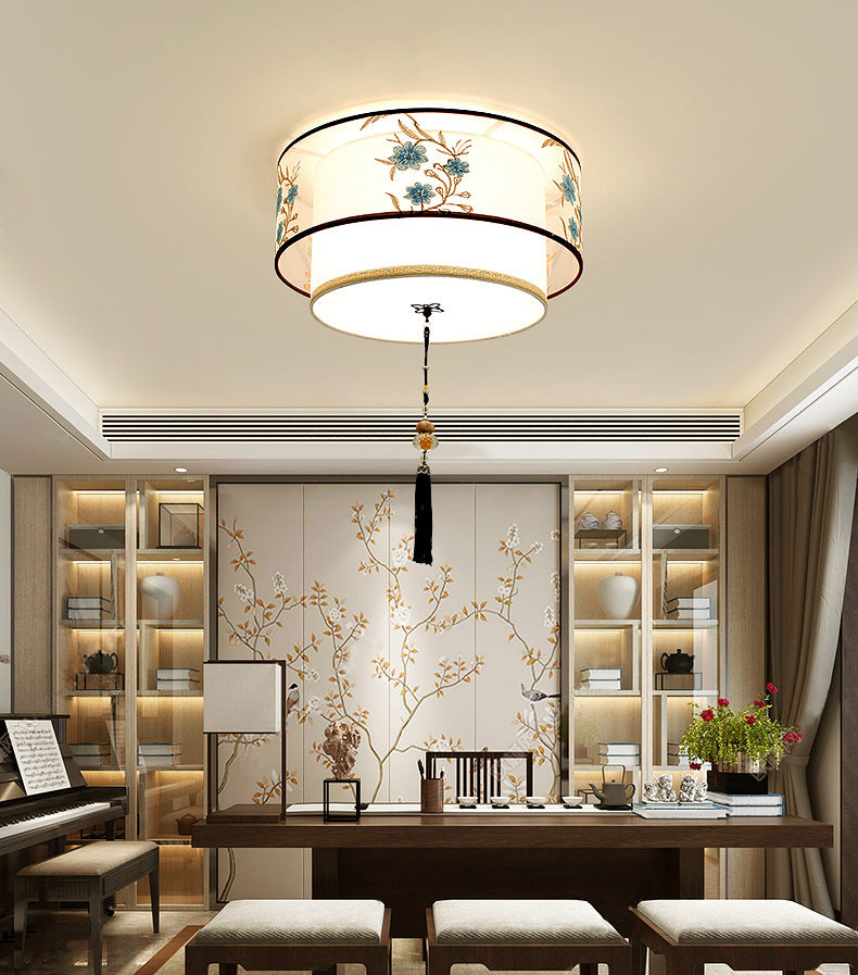 Wrought Iron White Ceiling Light in Traditional Unique Style Geometric Indoor Flush Mount with Embroidered Fabric Shade