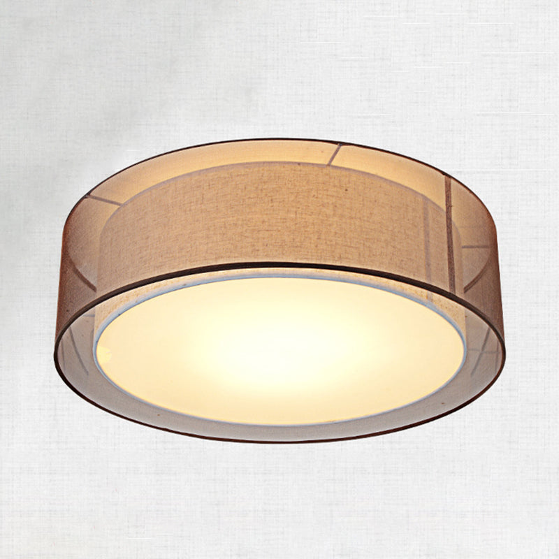 Brown Cylindrical Ceiling Light in Traditional Classic Style Wrought Iron Indoor Flush Mount with Flax Fabric Shade