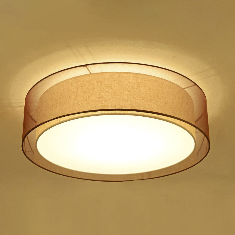 Brown Cylindrical Ceiling Light in Traditional Classic Style Wrought Iron Indoor Flush Mount with Flax Fabric Shade