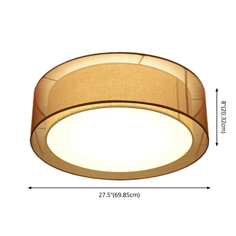 Brown Cylindrical Ceiling Light in Traditional Classic Style Wrought Iron Indoor Flush Mount with Flax Fabric Shade