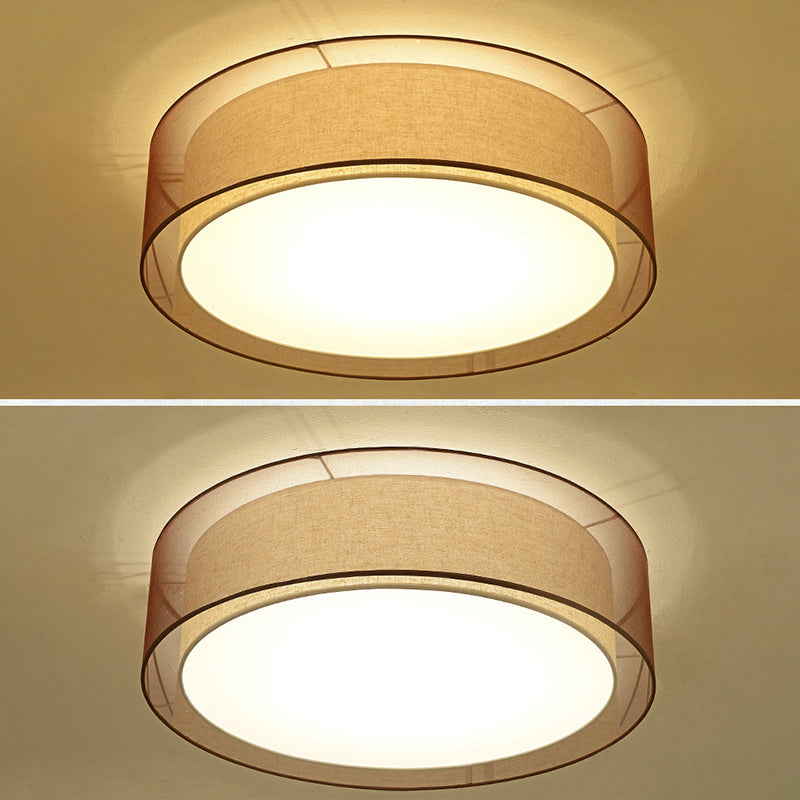 Brown Cylindrical Ceiling Light in Traditional Classic Style Wrought Iron Indoor Flush Mount with Flax Fabric Shade