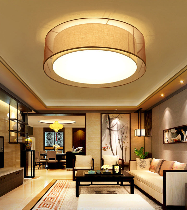 Brown Cylindrical Ceiling Light in Traditional Classic Style Wrought Iron Indoor Flush Mount with Flax Fabric Shade