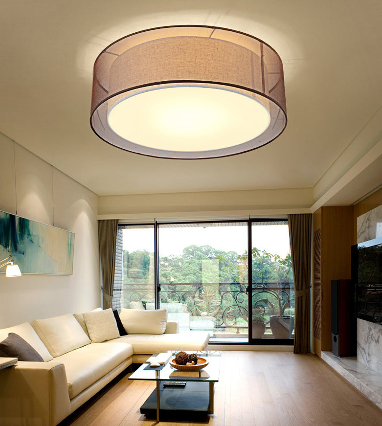 Brown Cylindrical Ceiling Light in Traditional Classic Style Wrought Iron Indoor Flush Mount with Flax Fabric Shade