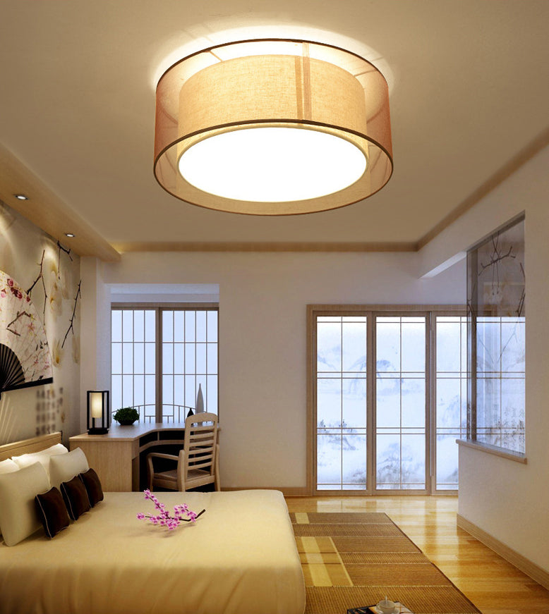 Brown Cylindrical Ceiling Light in Traditional Classic Style Wrought Iron Indoor Flush Mount with Flax Fabric Shade