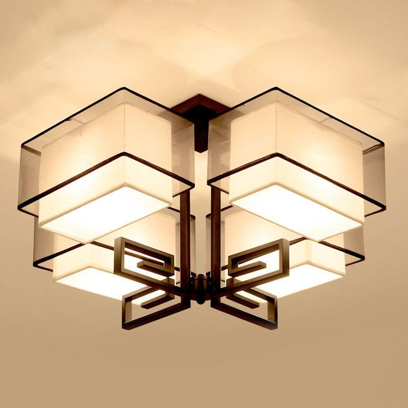 4-Light Square Semi Flush Mount in Traditional Simplicity Fabrics Ceiling Light for Living Room