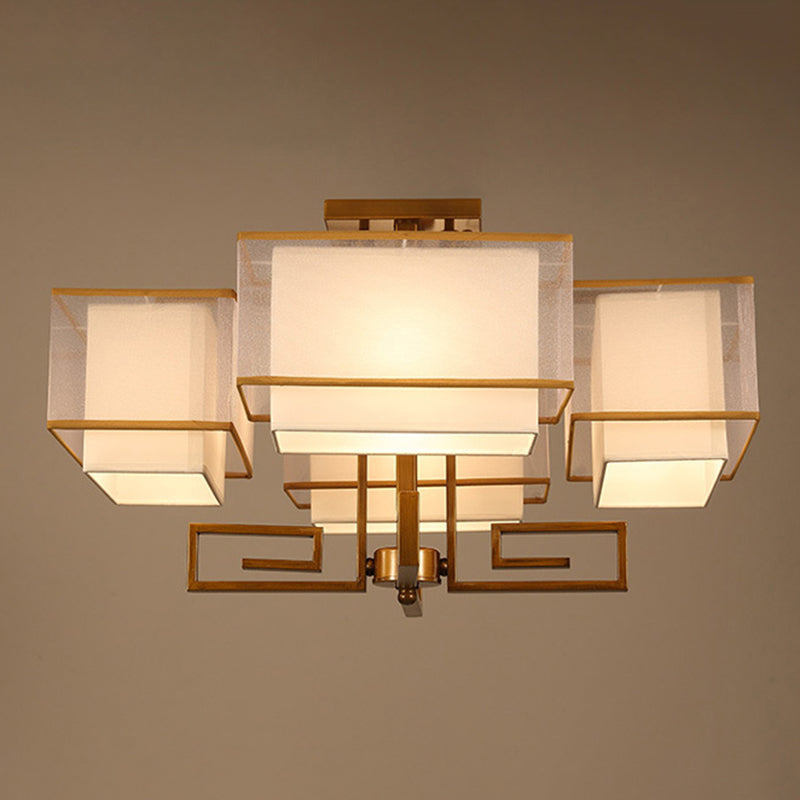 4-Light Square Semi Flush Mount in Traditional Simplicity Fabrics Ceiling Light for Living Room