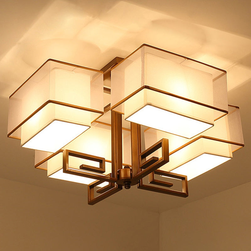 4-Light Square Semi Flush Mount in Traditional Simplicity Fabrics Ceiling Light for Living Room