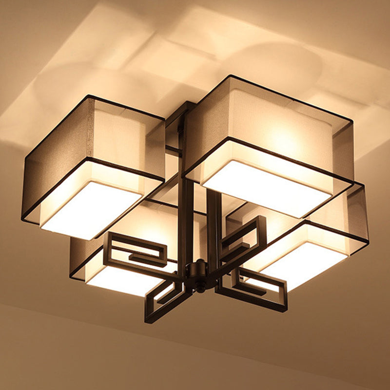 4-Light Square Semi Flush Mount in Traditional Simplicity Fabrics Ceiling Light for Living Room