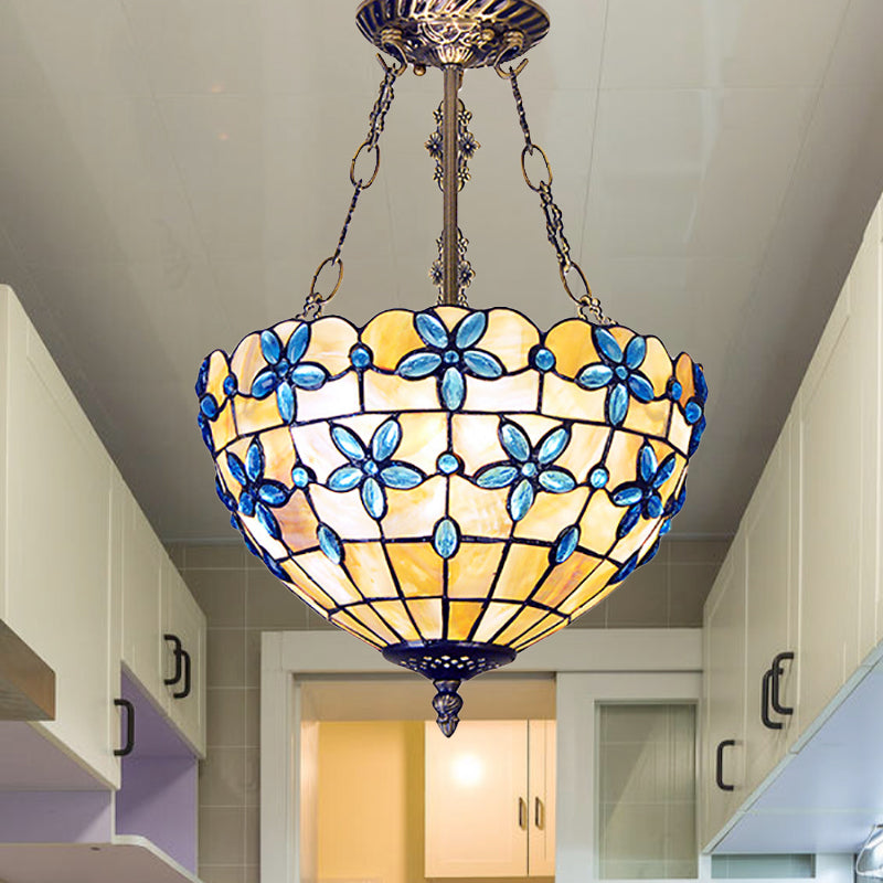 Bloem Semi Flush Light Tiffany Style Shell 12"/14"/16" Breed 3 Lichten Antiek Messing Plafondarmatuur