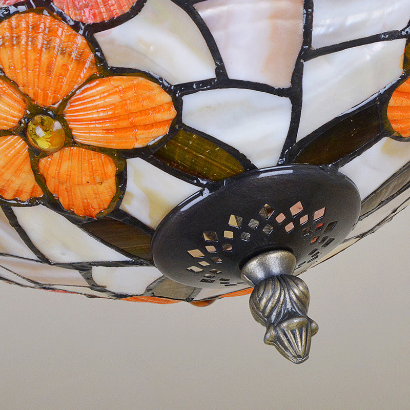 12"/16" W Flower Semi Mount Lighting 3 Lights Shell Victorian Ceiling Flush in Antique Brass with Dome Shade