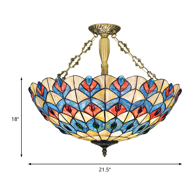 Verre tachée en laiton antique Semi Flush Mount Éclairage bijou 4 lumières