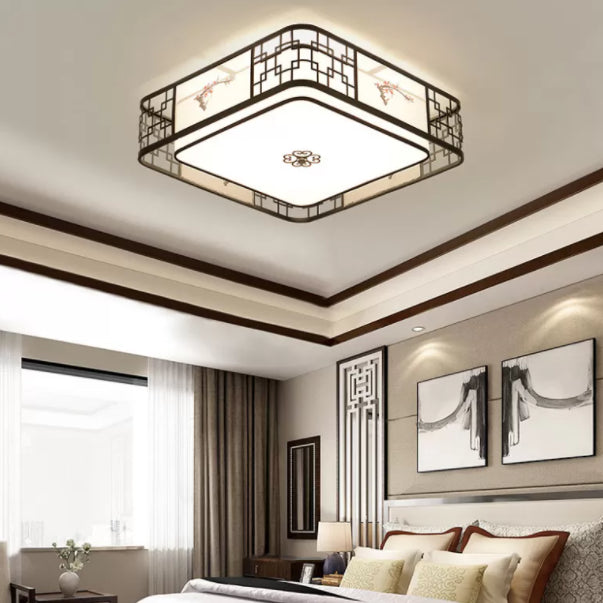 Brown Geometric Flush Mount in Traditional Artistic Style Wrought Iron Ceiling Light with Fabric Shade