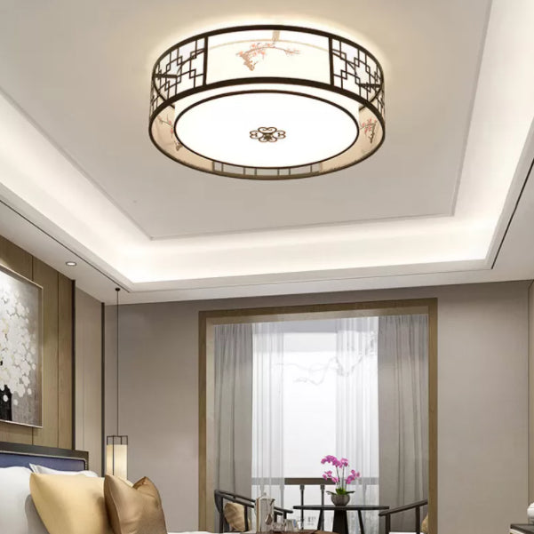 Brown Geometric Flush Mount in Traditional Artistic Style Wrought Iron Ceiling Light with Fabric Shade