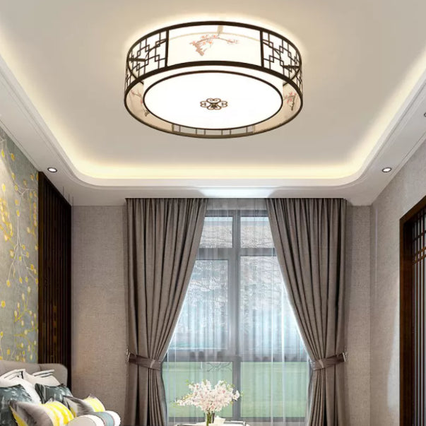 Brown Geometric Flush Mount in Traditional Artistic Style Wrought Iron Ceiling Light with Fabric Shade