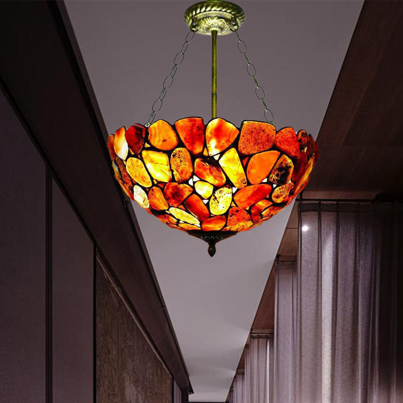 3 Lights Semi Flush Mount Mediterranean Bowl Shade Stone Ceiling Lamp in Antique Brass