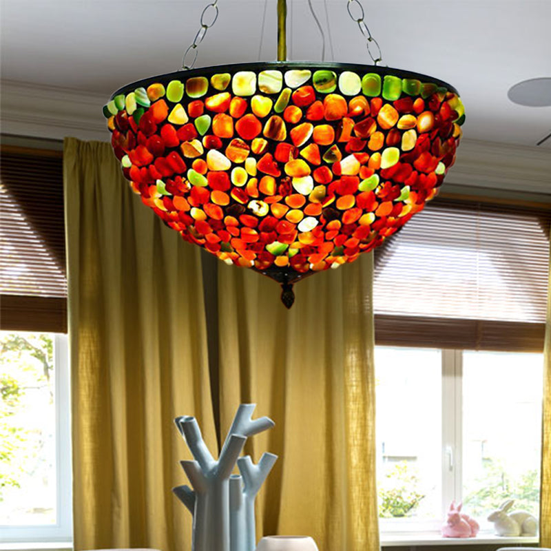 3 Lights Semi Flush Mount Mediterranean Bowl Shade Stone Ceiling Lamp in Antique Brass