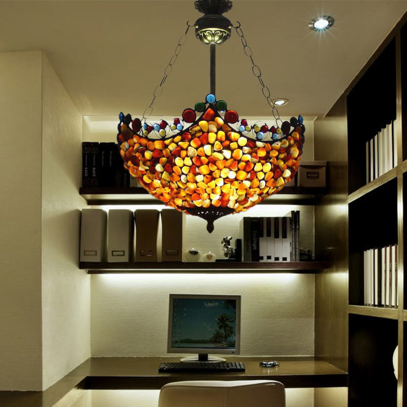 3 Lights Semi Flush Mount Mediterranean Bowl Shade Stone Ceiling Lamp in Antique Brass