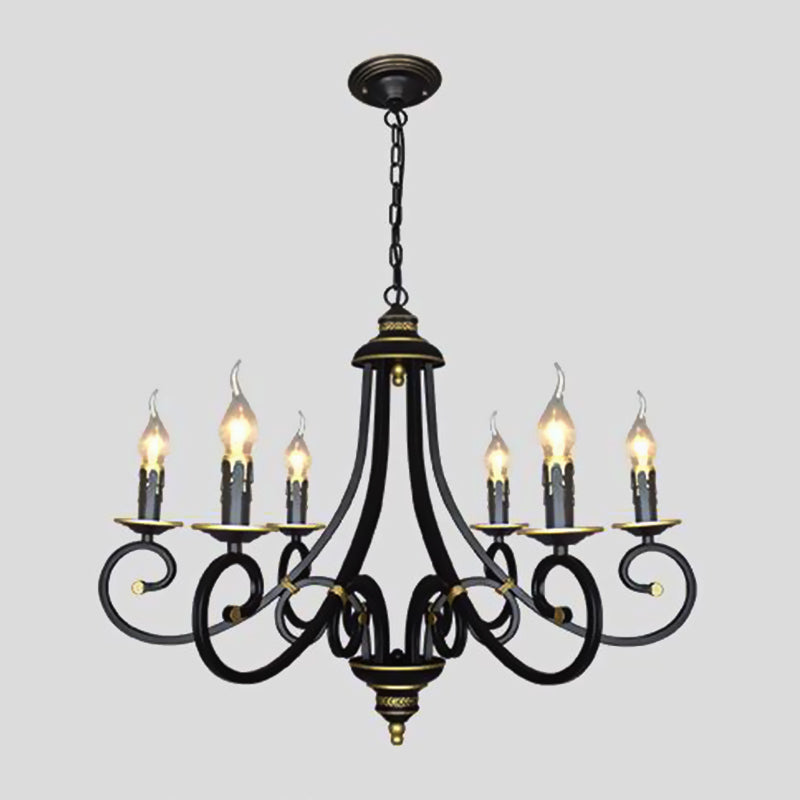 Black Candle Chandelier Lighting Vintage Metal 3/5/6 Bulbs Dining Room Ceiling Suspension Lamp with Curly Arm
