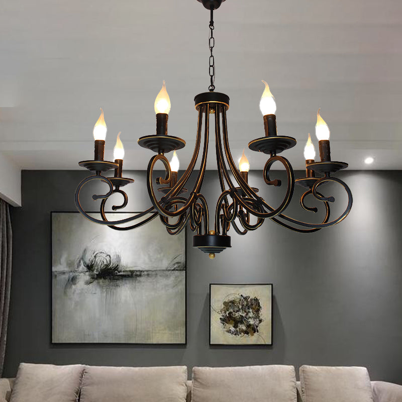 8 Lights Chandelier Pendant Lighting Antique Candle Shaped Metal Hanging Lamp Fixture in Black