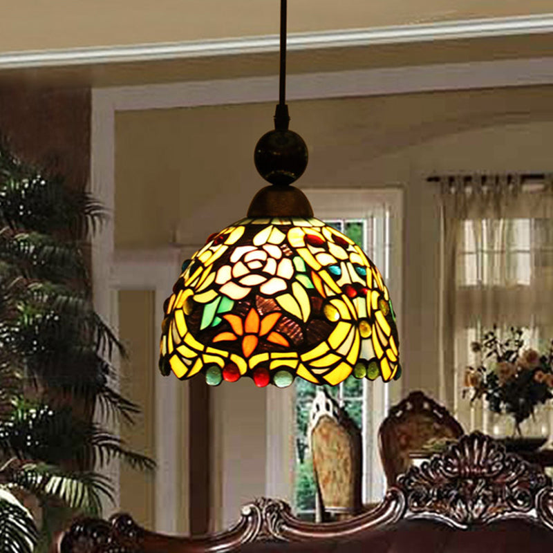 Pink/Yellow 1 Light Pendant Lighting Tiffany Style Stained Art Glass Blossom Ceiling Lamp