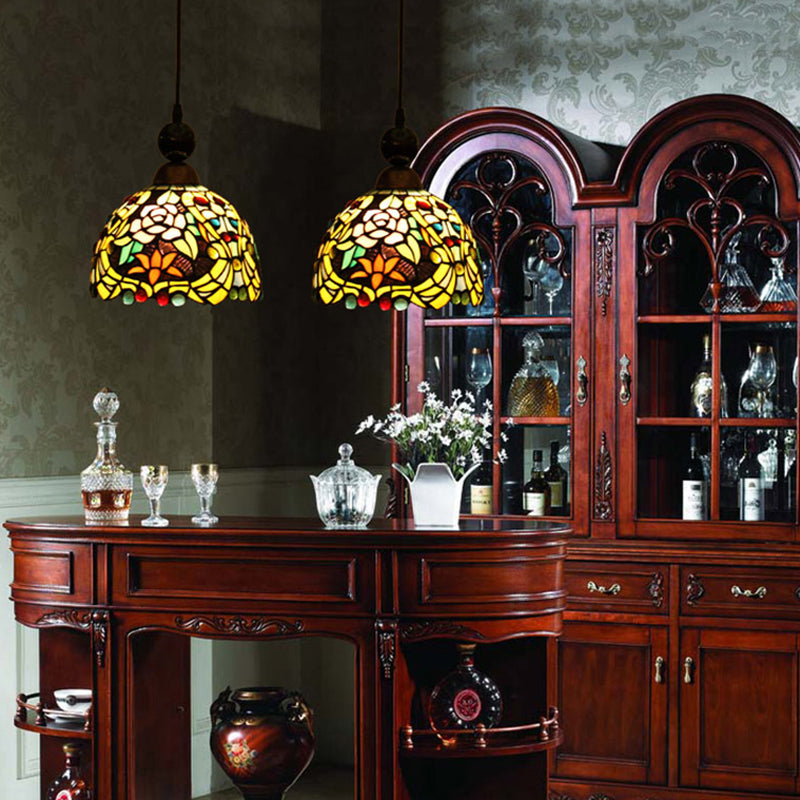 Pink/Yellow 1 Light Pendant Lighting Tiffany Style Stained Art Glass Blossom Ceiling Lamp
