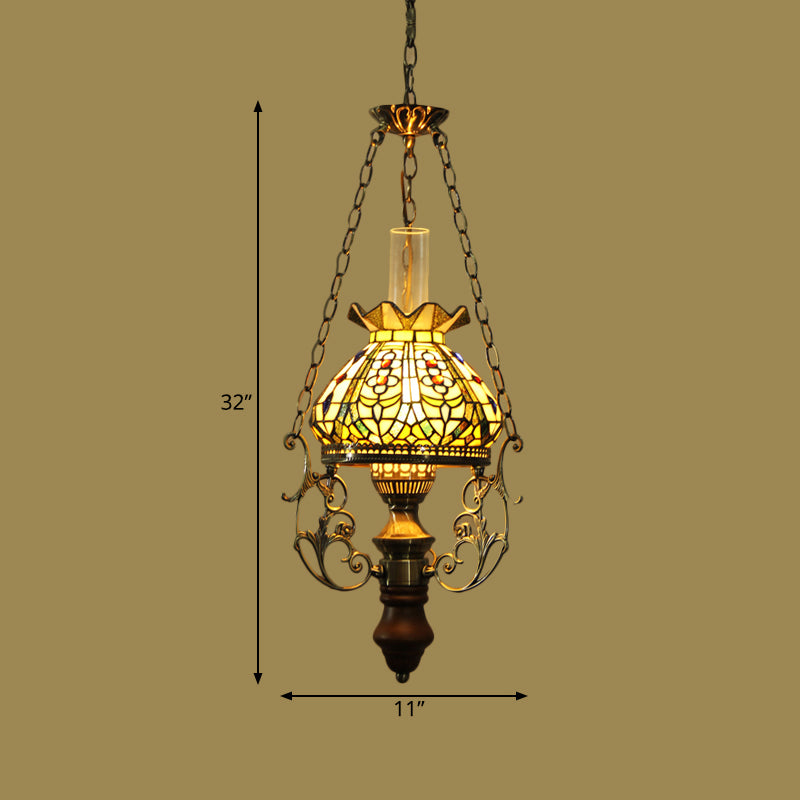 Green Blossom Hanging Ceiling Light Mediterranean 1 Light Stained Art Glass Suspension Pendant