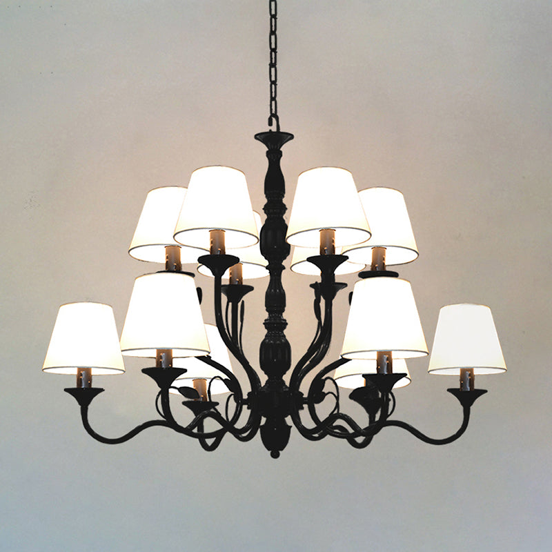 Metal Black Chandelier Lighting Cuvry Arm 10/12/16 Bulbs Vintage Ceiling Hanging Lamp with White Cone Fabric Shade